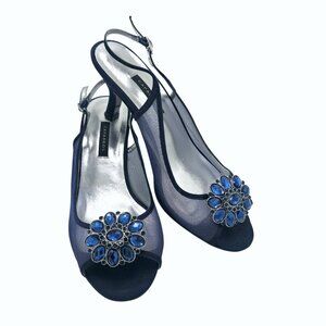 Caparros Goddess Slingback Heels Navy Blue Mesh Jeweled Peep Toe – Size 9W